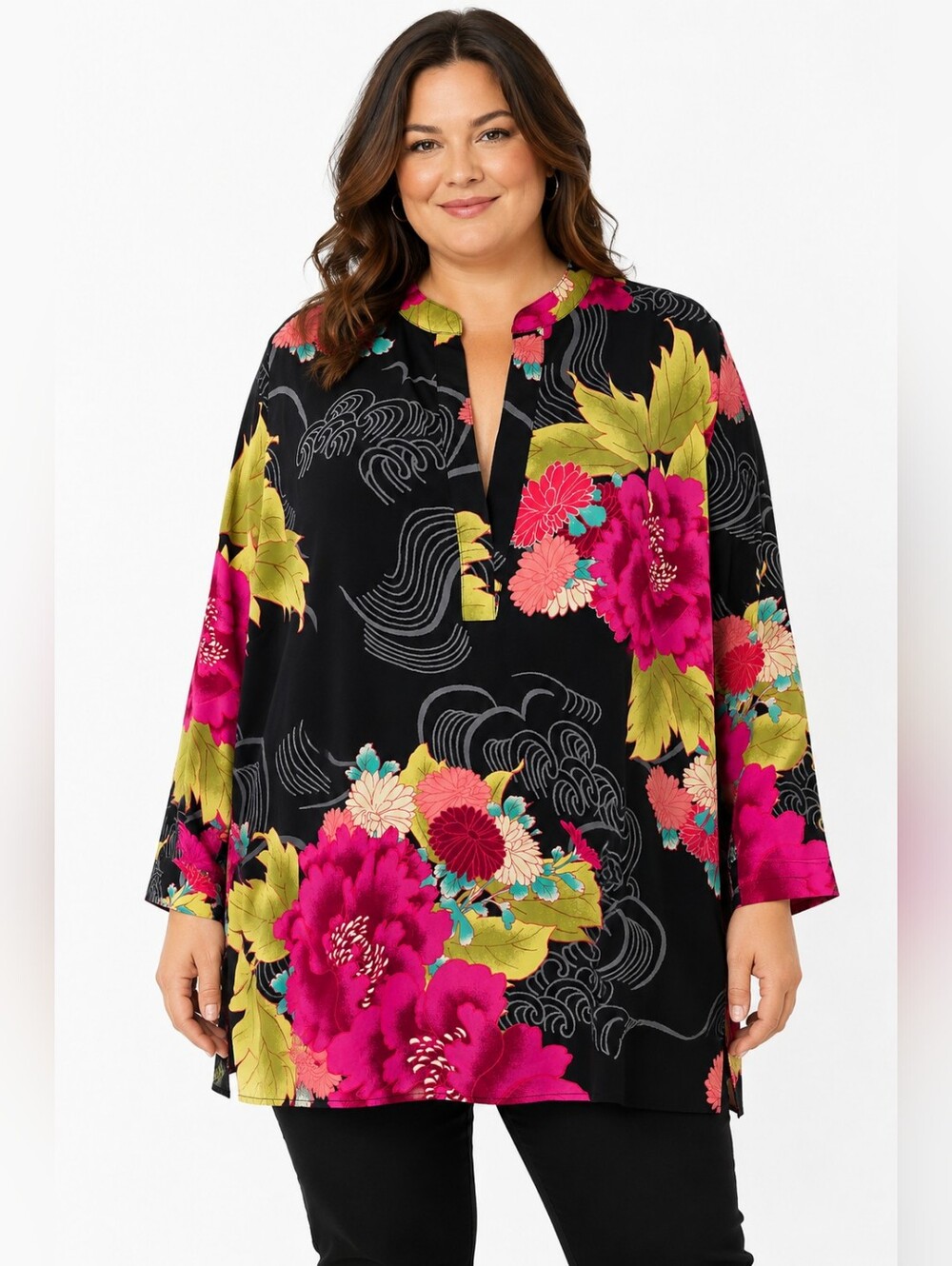 Natori 1X Floral Tunic Top Black Pink Asian Inspired V Neck Silky